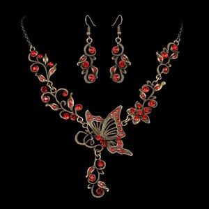 New RETRO RED RHINESTONE BUTTERFLY NECKLACE SET